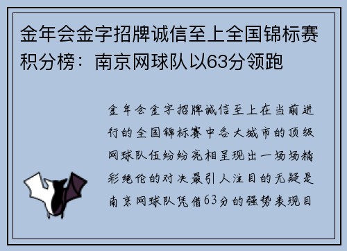 金年会金字招牌诚信至上全国锦标赛积分榜：南京网球队以63分领跑